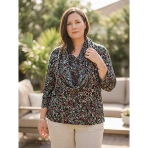 J Jill Wearever Dark Spring Floral Top & Scarf XL  3/4 Slv Rayon Casual Knit